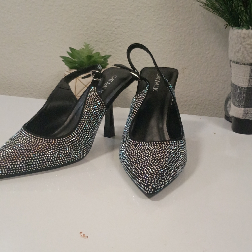 Elegant Black Rhinestone Slingback Heels